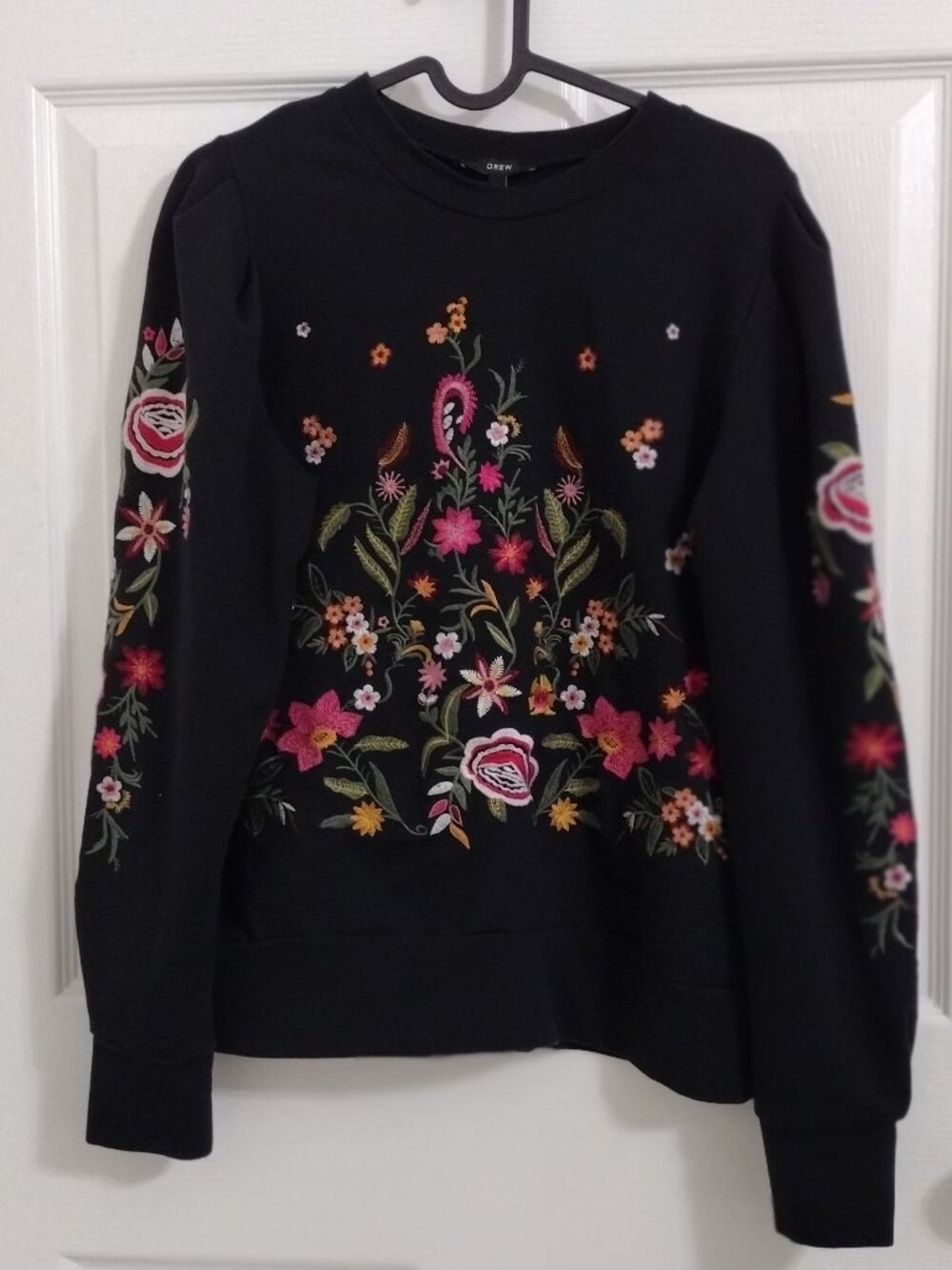 Drew Floral Embroidered Sweatshirt Small Black Crewneck Boho Statement Pullover - Picture 4 of 9